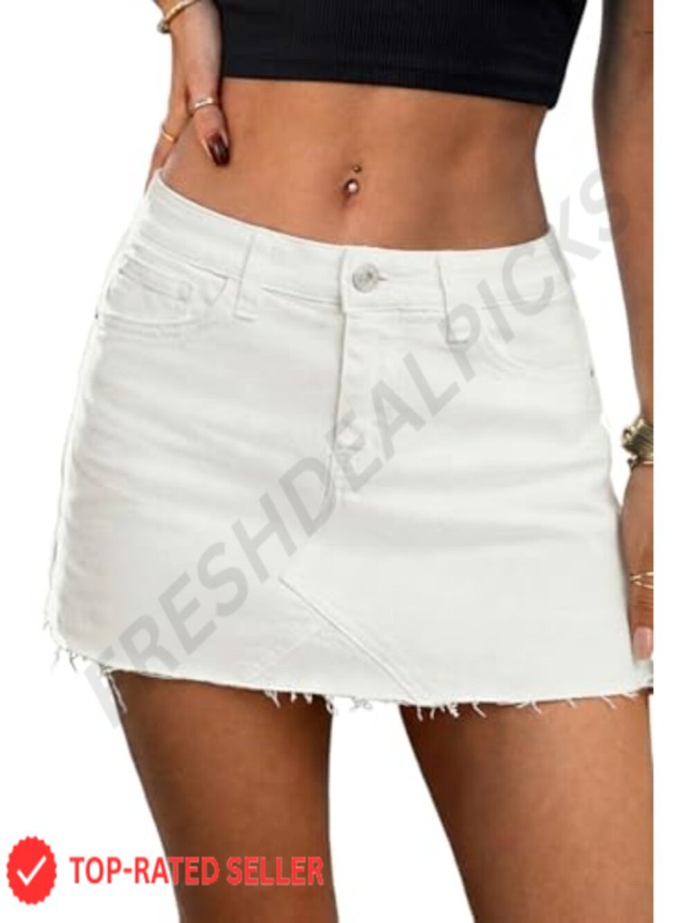 ELLEVEN Denim Mini Skirt Low Rise Raw Hem Jean Skort Pockets Cotton Blend